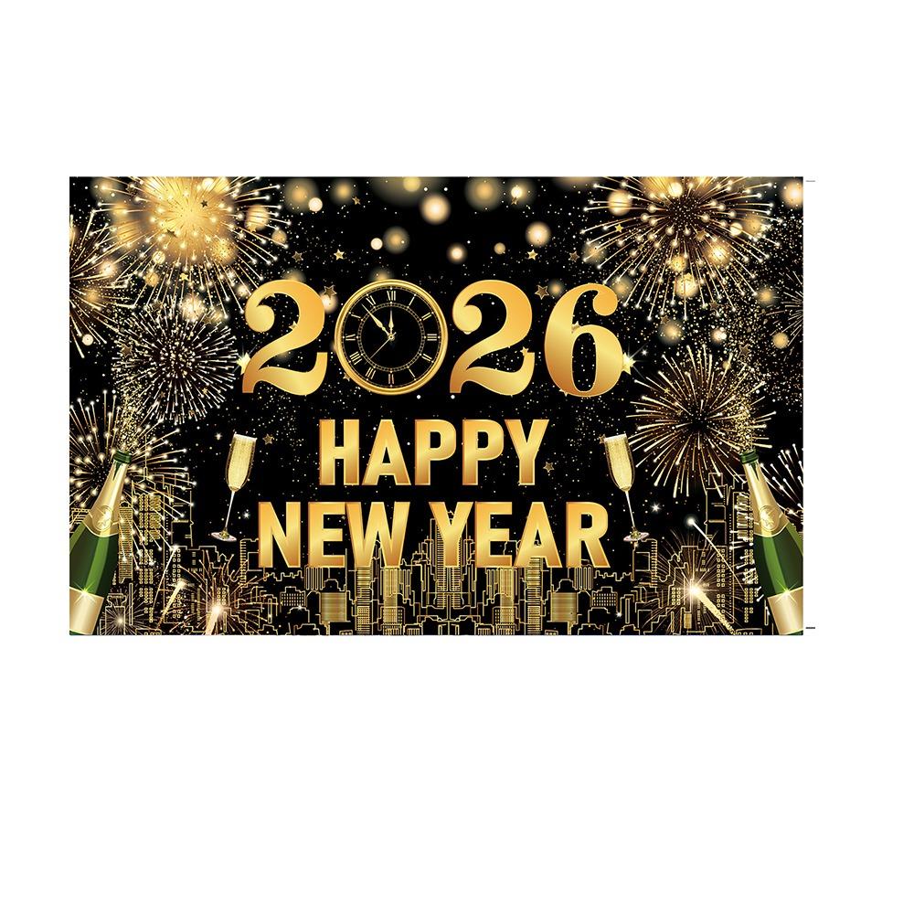 Black Gold 2026 New Year Backdrops Polyester Night Glittering Party Background Colorful Balloon Champagne Photo Background