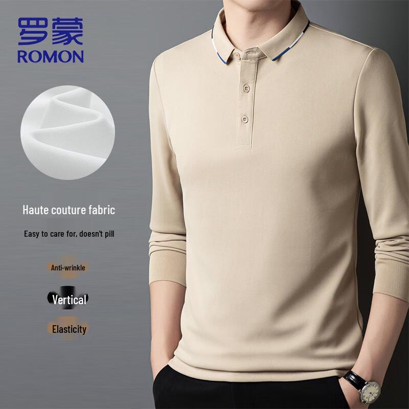 ROMON Мужская классическая рубашка-поло с длинным рукавом в стиле business casual