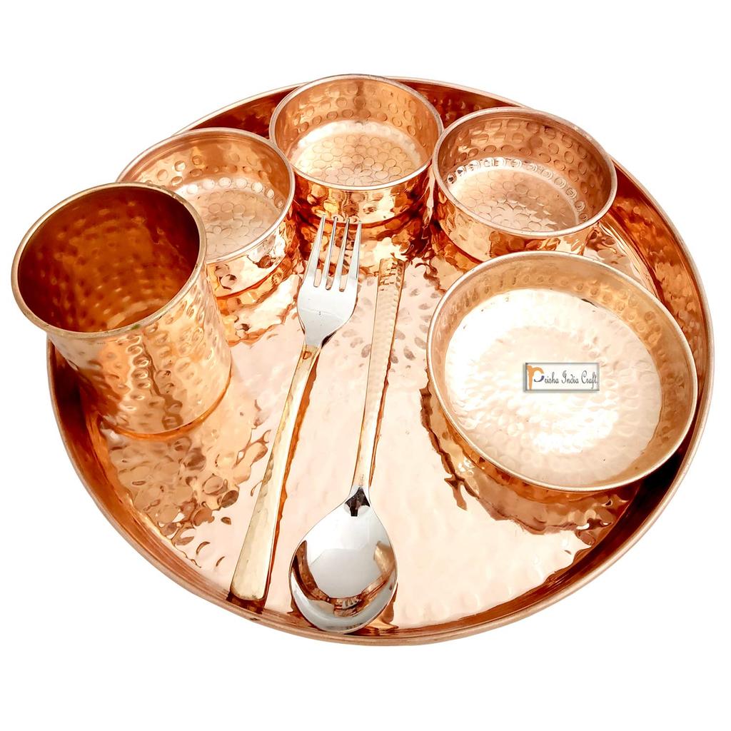 Prisha India Craft Hammered Pure Copper Dinner Thali Set, 32 Pieces, Service for 4 Brown
