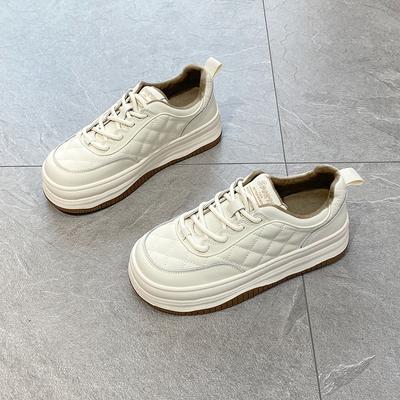 Кожаные белые туфли женские зимние новые на толстой подошве ромбовидные плюс бархатные повседневные универсальные туфли для макетов