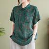 Летняя тонкая хлопково-льняная блузка со стоячим воротником, женская винтажная рубашка с цветочным принтом, короткий рукав, зеленый, синий топ Ramie Art