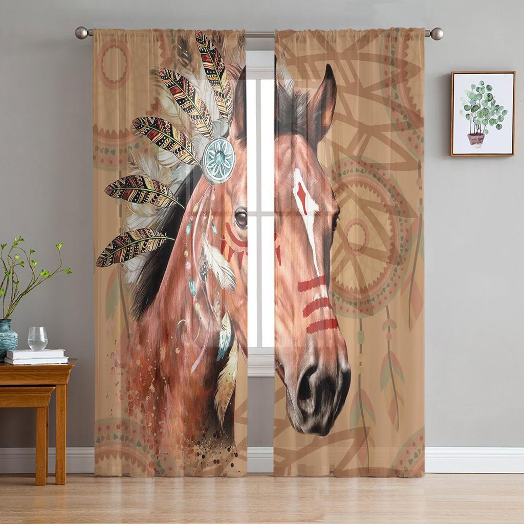 Animal Horse Snow Scene Tulle Voile Curtains For Bedroom Space Space Window Curtain For Living Room Sheer Drapes Shades Organza Drapes Decor