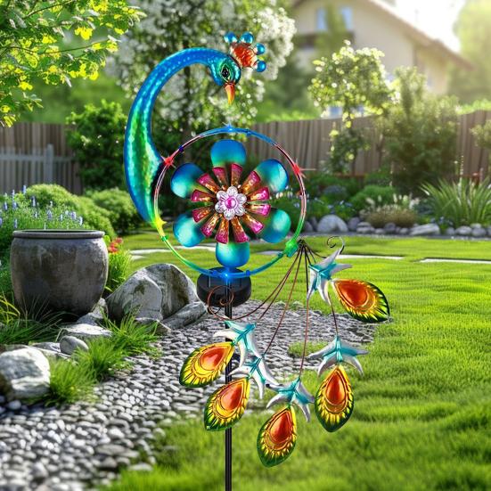 1/2 шт. Павлиньи солнечные уличные фонари Автоматическое включение/выключение Водонепроницаемые Легко установить Металлические садовые ветряные вертушки Многоцветная вращающаяся ветряная мельница
