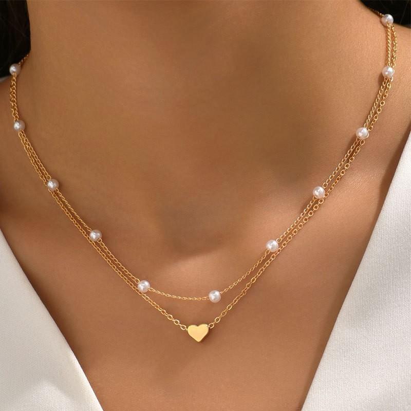 3pcs Women's Pearl Necklace Set Gold Fashion Love Heart Pendant Waterproof Hypoallergenic Collarbone Neck Chain Jewelry CLE