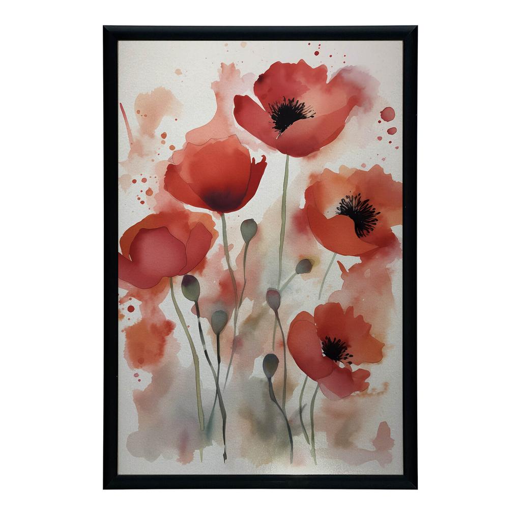 Red Poppies In Watercolor Red Poppies In Watercolor, 30X40 Cm, Gold Aluminum Frame, 230 Gsm Matte Paper