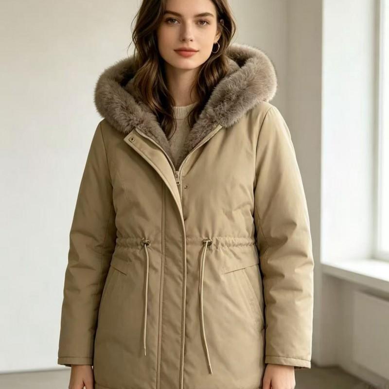 Womens Mid-length Parka Coat Faux Fur Hooded Winter Thick Warm Cargo Cotton Jacket