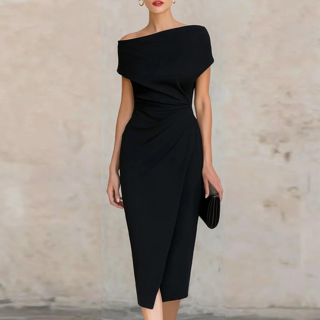 Women’s Off Shoulder Midi Dress Asymmetrical Hem Ruched Bodycon Elegant Cocktail Party Dress for Formal Events
