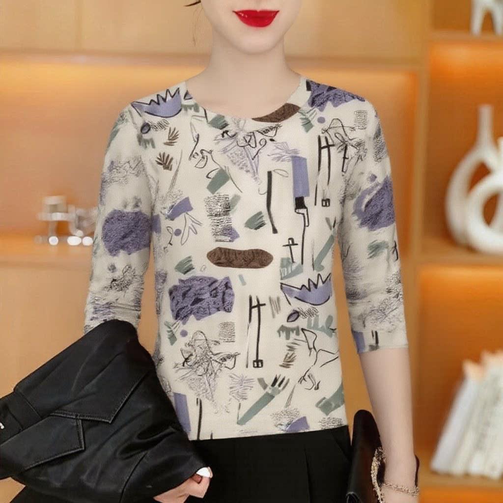 Spring Green Printed Women's Long-Sleeve T-shirt: Round Neck, Slimming, Tummy-Concealing, Versatile, Ideal for Reducing Age & Mother's Wear.