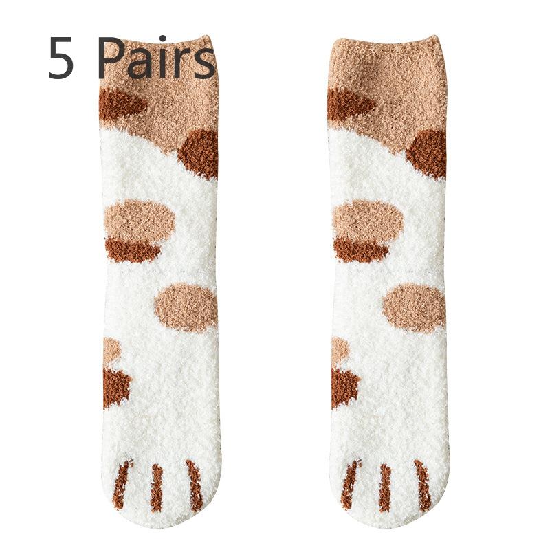 5 Pairs Socks Women Coral Velvet Mid-calf Socks Cat Claw Warm Wool Autumn and Winter Thickened and Padded Sleep Floor Socks Long Moon Socks