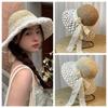 Вязаная шляпа из соломы с бантом, кружевная пляжная шляпа-ведро, элегантная солнцезащитная шляпа, летняя