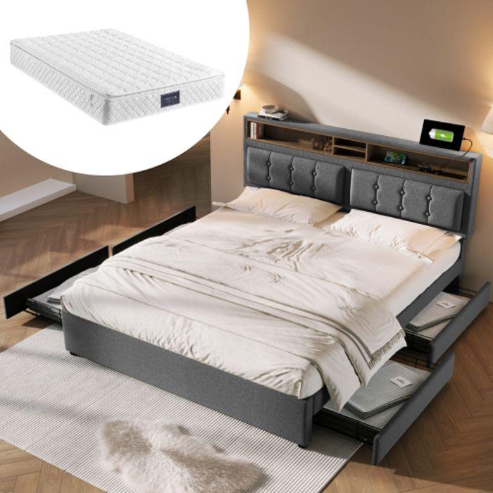 Lit 140x200 - MUVOE - Rembourré Avec 4 Tiroirs - Tête De Lit Réglable - Prise USB Intégrée - Matelas Inclus