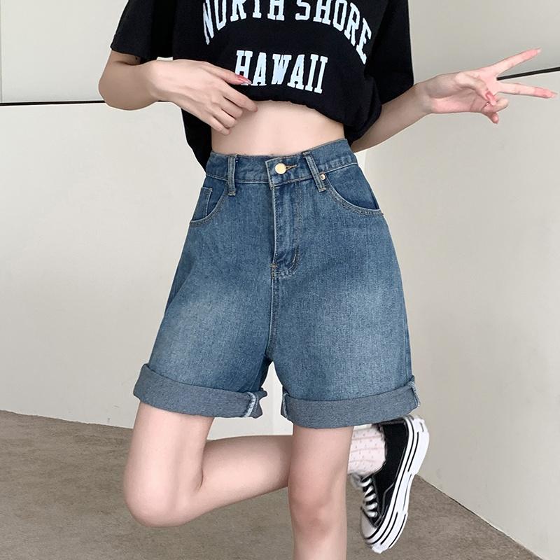 Модные прямые шорты в стиле ретро с высокой талией, женские летние тонкие элегантные джинсовые брюки больших размеров, свободные утягивающие широкие шорты с пятью точками