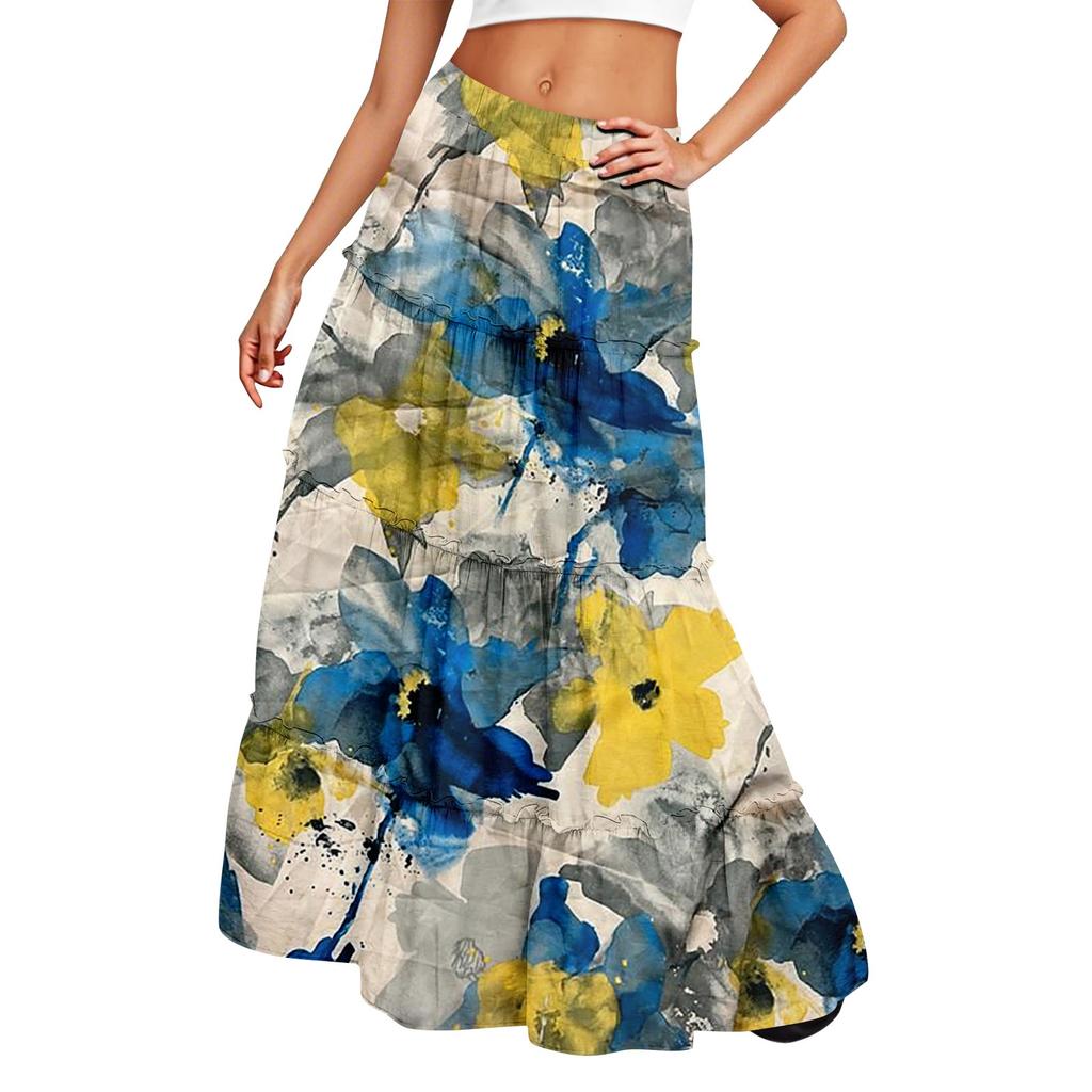 Women's Printed Elastic Waist Loose Hem Long Skirt