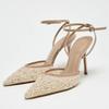 Fashion Luxury Bling String Bead Mesh Designer Pumps Women Sexy Pointed Toe Ankle Strap High Heels Elegant Party Wedding Heeled Sandals