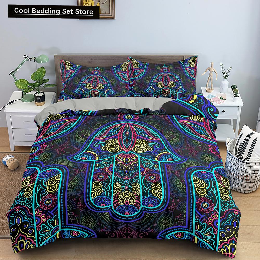 Comforter Hamsa Hand King Queen Gold Lucky Hand Of Fatima Bedding Set Black Boho Hippie Polyester Comforter