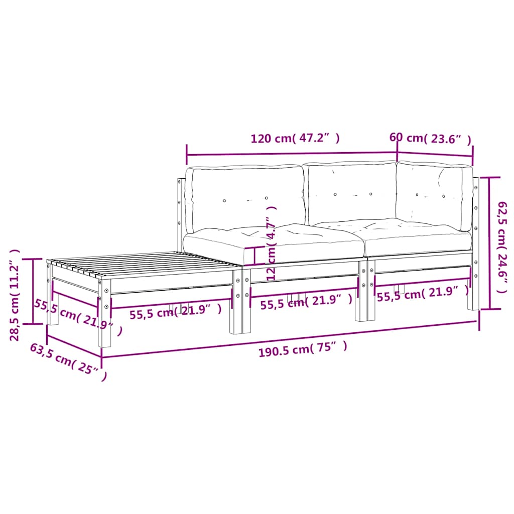 3 Piece Garden Lounge Set with Cream Colored Cushions Solid Pine Wood