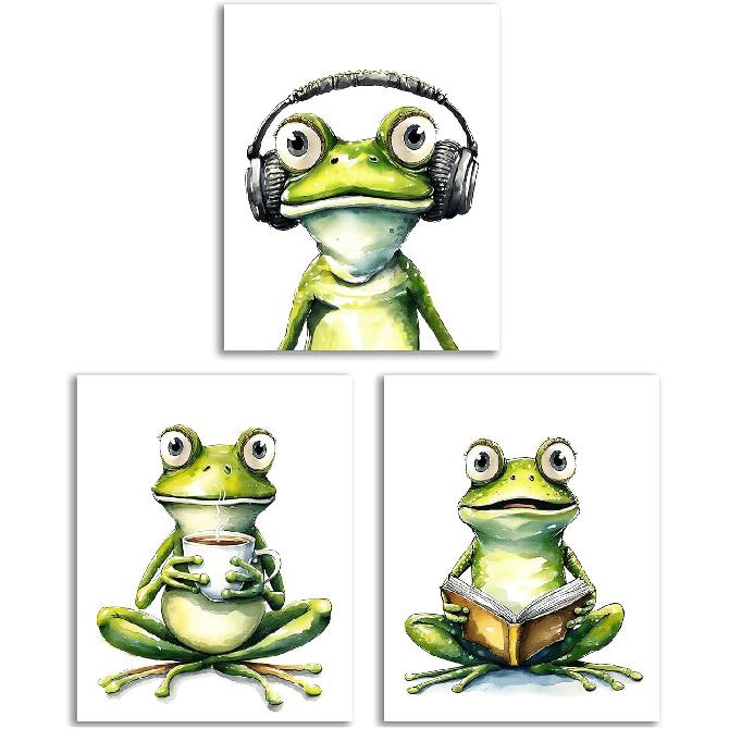 GMLXCX Funny Frog Bathroom Decor Wall Art, Cute Frog Sitting on Toilet Decor Art Poster, Funny Bathroom Sign Canvas Print Set of 3 (8''x10'',