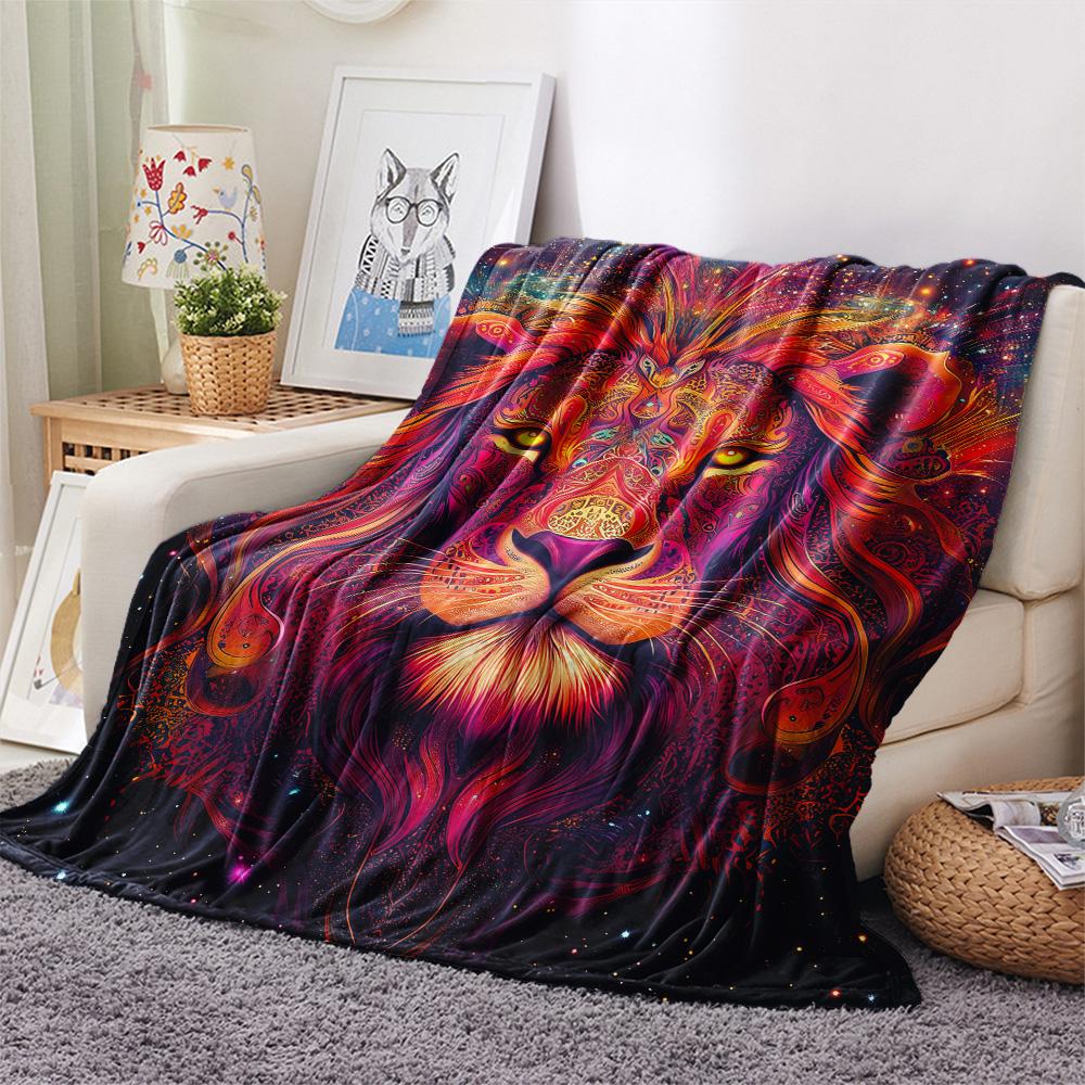Starry Sky Lion Print Flannel Blanket, High quality Comfortable for All Seasons, Home Decor, Warmth and Comfort