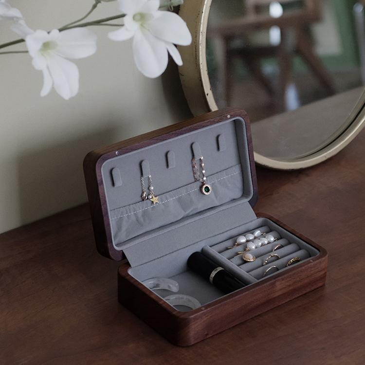 Custom Logo Luxury Necklace Ring Jewelry Storage Walnut Wooden Jewellery Box