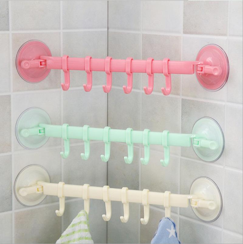 Modern Adjustable 6-Hook Plastic Seamless Kitchen Wall Hook Strong Suction Cup Storage Suction Hook ABS Sticky Hook Adhesive Bag