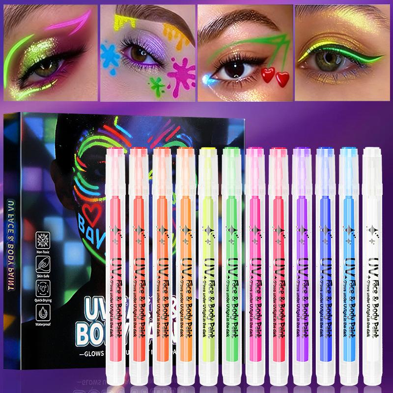 Dual Tip UV Glow Face Body Paint Marker Two Color Lumino Makeup Pen Temporary Tattoo DIY Graffiti Marking Pen for Party Cosplay