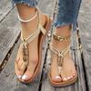 Fashion Bohemian Style Women's Beaded Flat Sandals Casual Clip Toe Soft Sole Beach Shoes Woman Lightweight Elastic Band Summer Sandals
