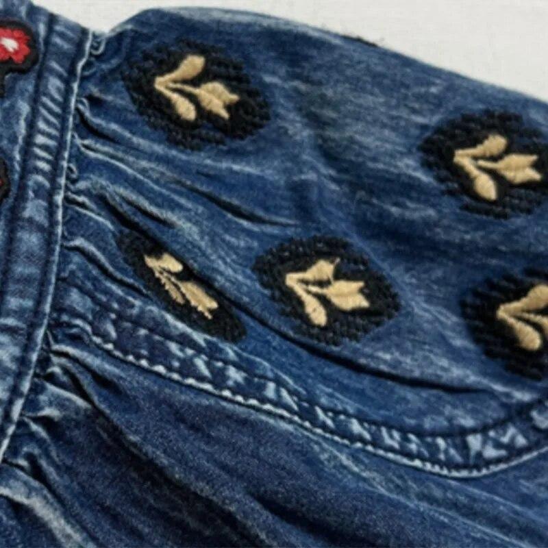 Johnature Retro Pocket Devise Cotton Casual Solid Color A-Line Dress Half Sleeve V-Neck Loose Vintage Style Embroidery Dress