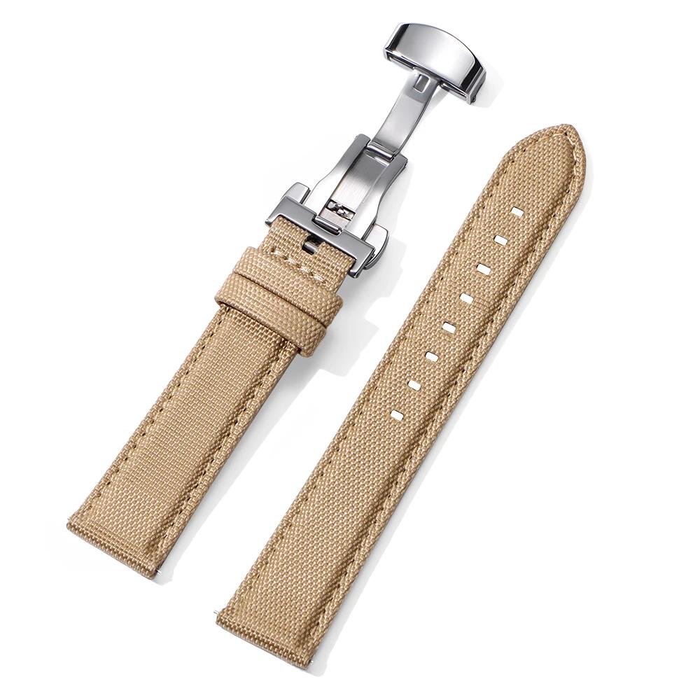 20MM 22MM Waterproof Sailcloth Watch Strap Nylon+Leather Watchband Butterfly Buckle Band Men Quick Release Sport Watch Bracelet