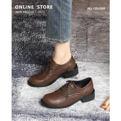 Женские туфли Buluo из черной кожи в стиле ретро на среднем каблуке — круглый носок с толстым резным каблуком