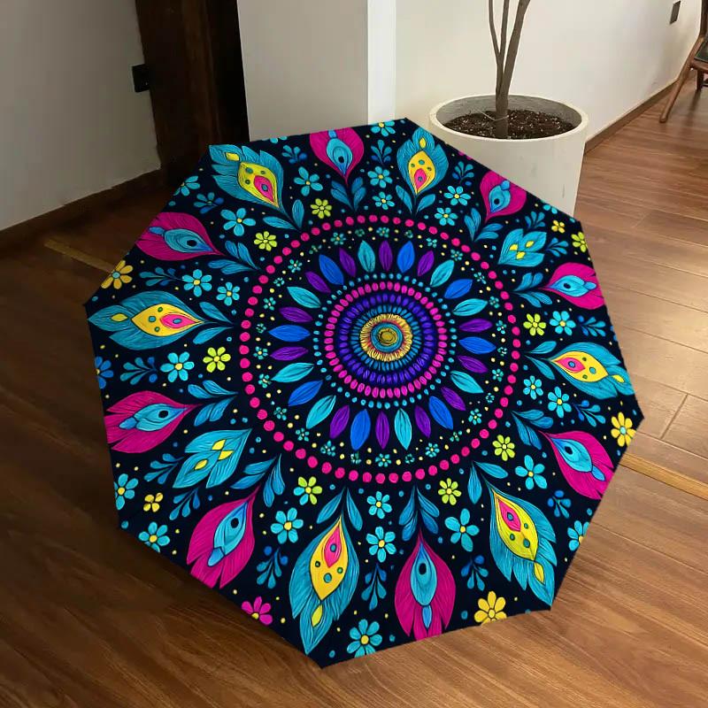 1pc Colorful Floral Mandala Pattern Umbrella with Plastic Handle,Suitable for All Seasons Home Travel Outdoor UmbrellaDD1328