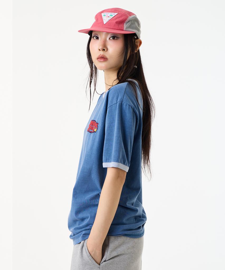 UNKNOWN PLANET [Unp] Pigment-Dyed Graphic Ringer T-Shirt Blue