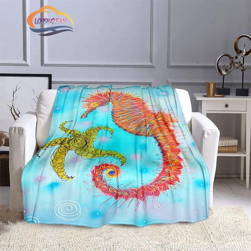 Marine Animal Sea Horse Blankets Super Soft Hippocampus Flannel Blanket Warm Lightweight Kids Bedding Sofa Chairs All Seasons