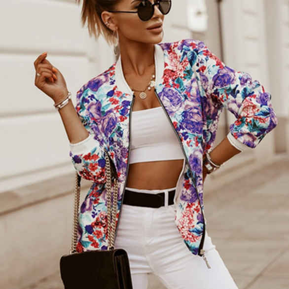 Fashion Women's Printed Long Sleeve Bomber Jacket Retro Zip Top Slim Basic Ladies Jacket