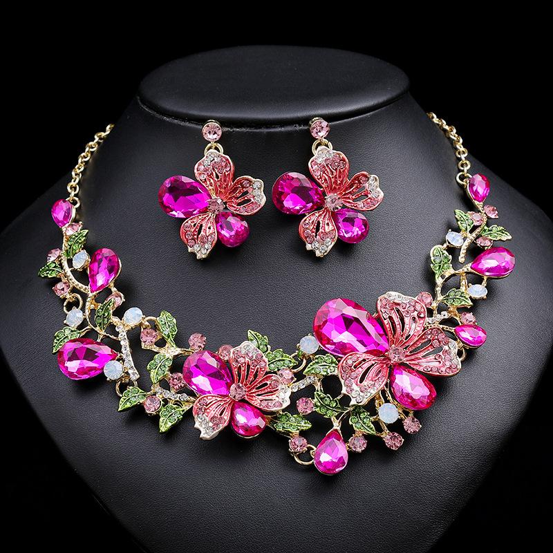 Necklace Earrings Two-Piece Set Colorful Flower Bride Retro High-End Design Sense Multi-Color Optional