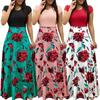Women Long Beach Party Clothes Vintage Crew Neck Skirt Short Sleeve Dress Maxi Floral S-3XL