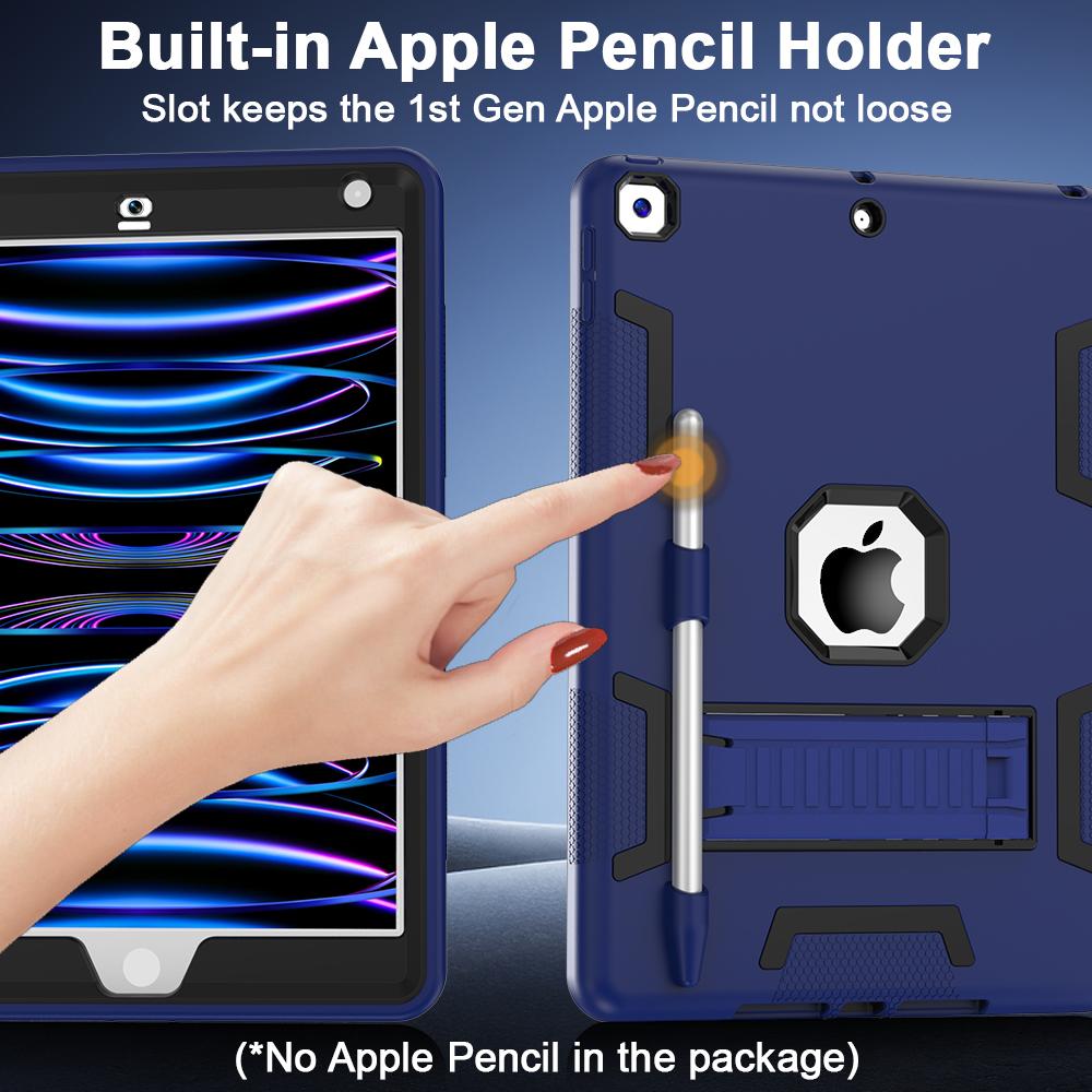 For iPad 10.2 (2021)/(2019)/(2020) Case Silicone + PC Kickstand Tablet Cover with Pencil Holder