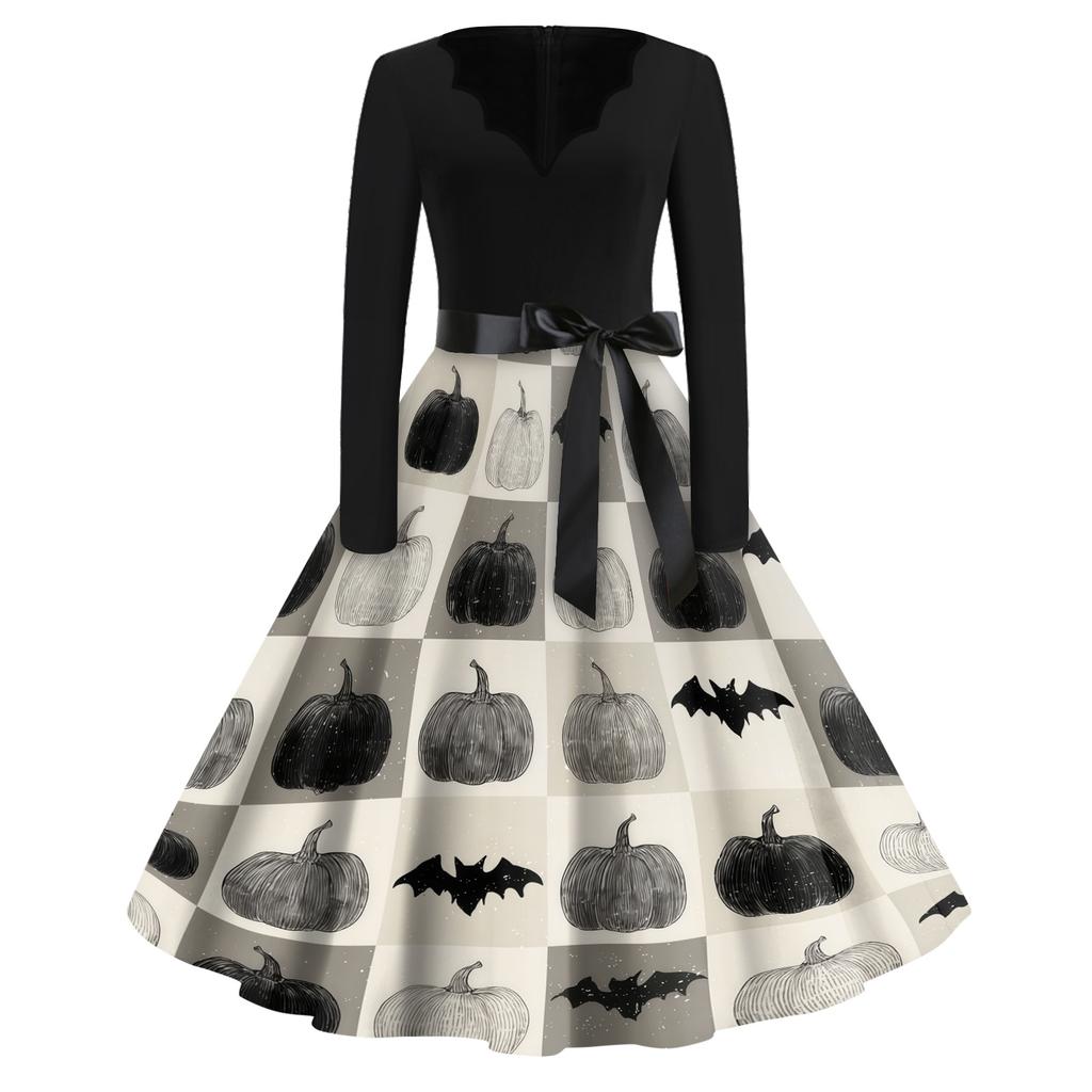 Women's Casual Halloween Printed V Neck Vintage Dress Long Sleeve Retro Fit and Flare Knee Length Dress with Belt and Halloween Pumpkin Design