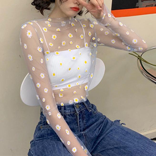 Нижнее белье из сетчатой ​​пряжи Little Daisy. Женская шифоновая рубашка с длинными рукавами и защитой от мешков в уличном тренде.