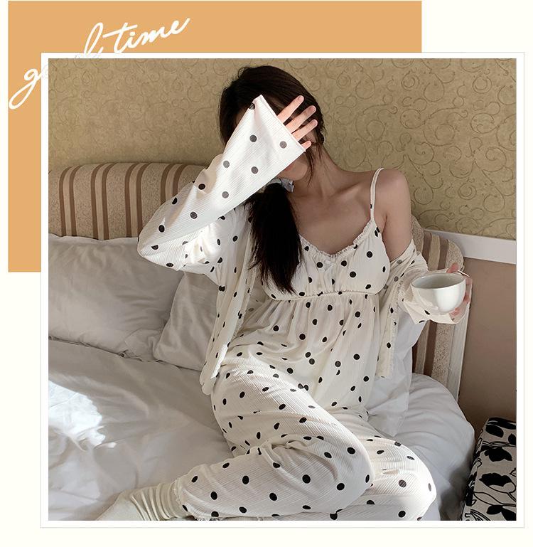 Women's Cross-Border Pajama Set: Spring/Autumn Polka Dot Cardigan & Suspender with Chest Pads, Korean Style, Pure Desire, 3-Piece Home Wear.