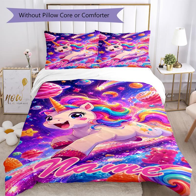 3pcs Custom Name Unicorn Bedding Set Duvet Cover Closure Includes 1 Duvet Cover & 2 Pillowcases, Soft and Comfortable for All Seasons.