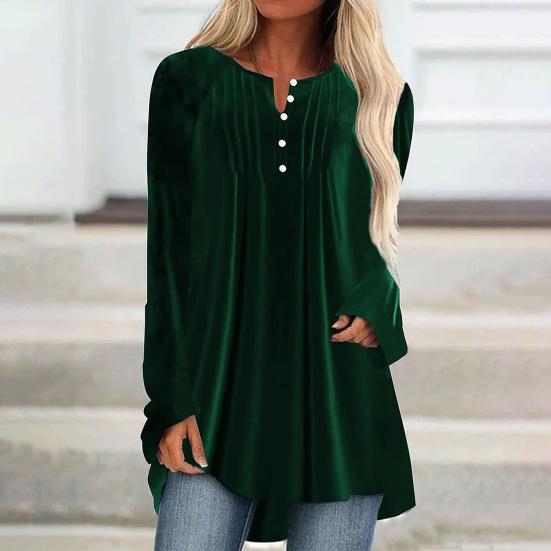 Women Velvet Shirt V-Neck Buttons Half Placket Long Sleeve Asymmetric Hem Pullover Tops Solid Color Mid-length Blouse