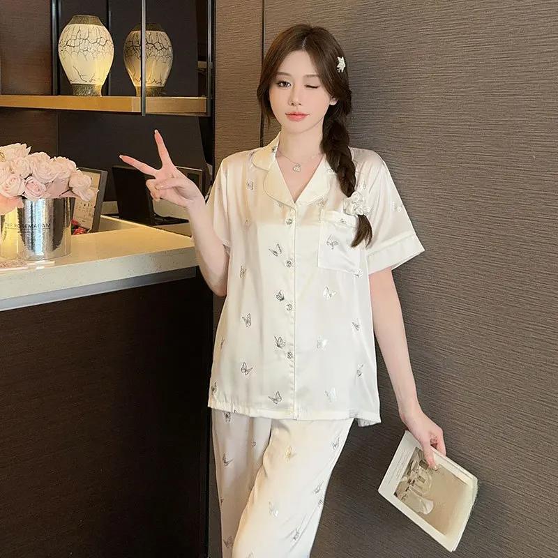 Large Size Pajama Sets Ice Silk Student Short Sleeve Long Trousers Homewear Two-Piece Cardigan Butterfly Print Sexy Nightwear