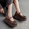 Johnature Mary Janes Shoes Genuine Leather Flat Platform Shoes Buckle Thick Soled Height Increasing Sandals