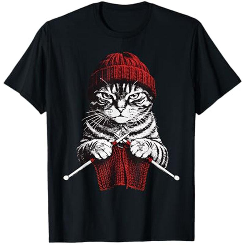 Vintage Knitting Cat Crochet Yarn Lover Cute Cat Tshirt Y2k Cozy Aesthetic Clothes For Women Kitten Mom Graphic Apparel Novelty