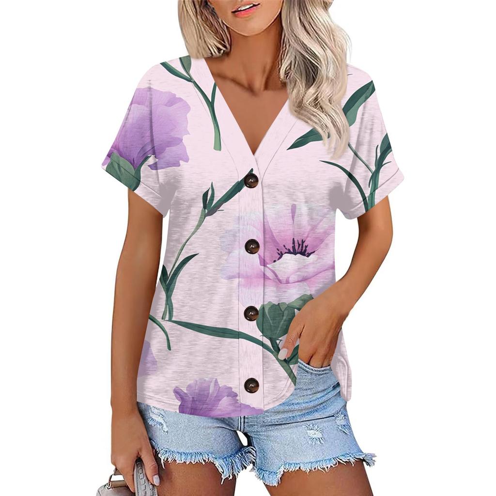 Женская мода с короткими рукавами и V-образным вырезом, повседневная футболка с пуговицами
