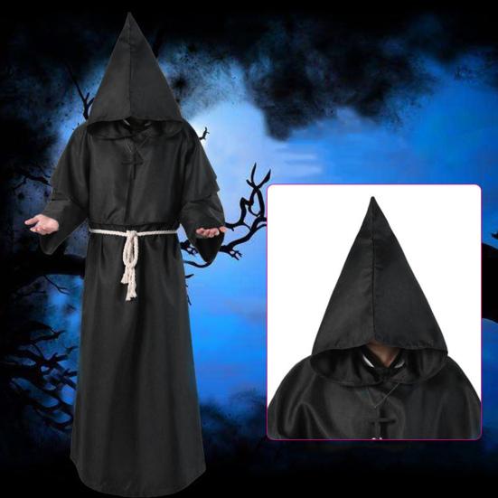 4Pcs/Set Halloween Cloak Costume Medieval Monk Robe Wizard Cosplay Dance Fabric Cape with Strong Drape Big Hat Necklace Waist Rope