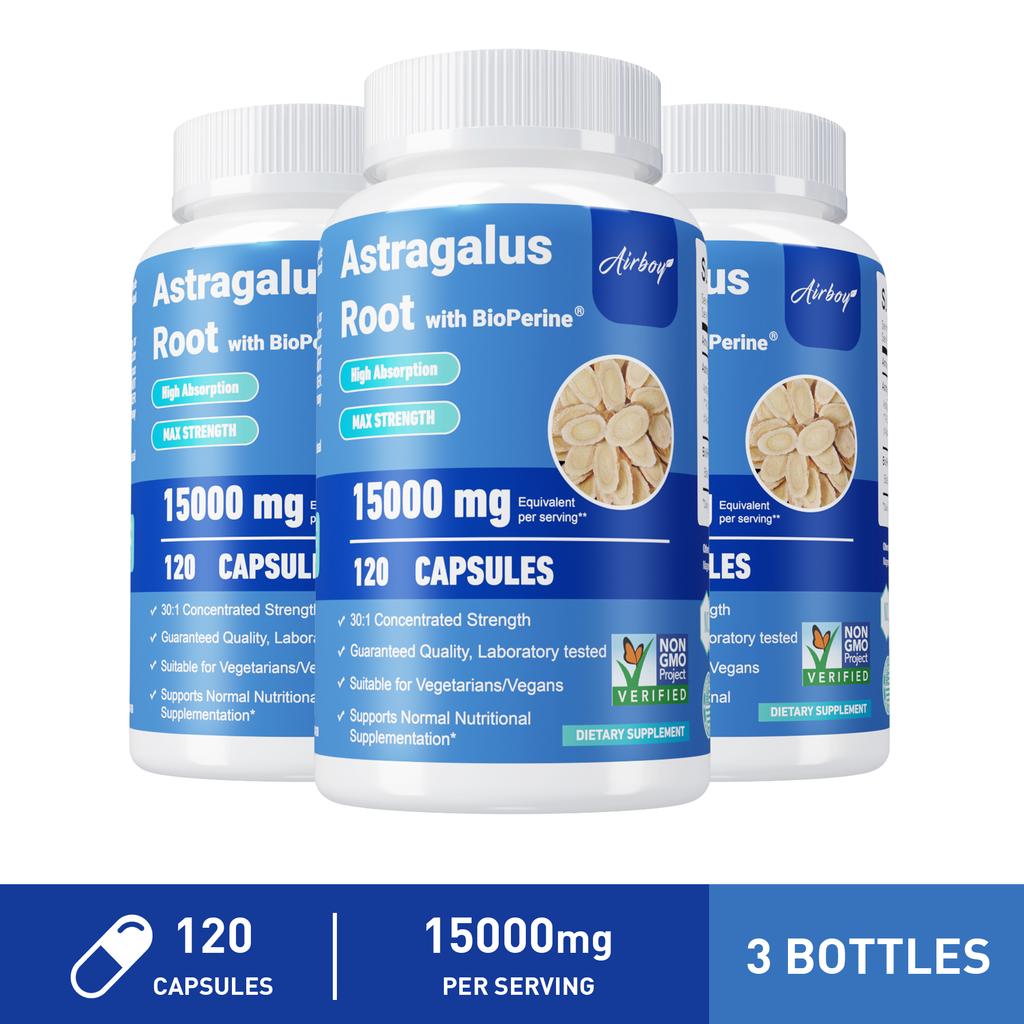 Astragalus capsules, 15,000 mg per serving, contain black pepper extract, suitable for both men and women.