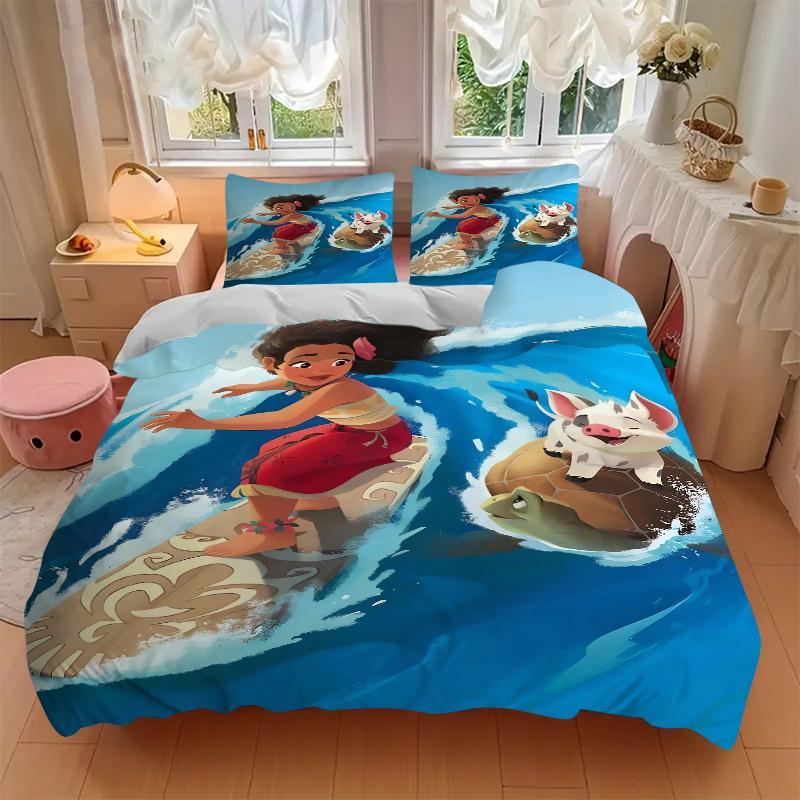 3pcs Moana & Happy Pig Printed Quilt Set - Soft and Comfortable Quilt Cover for Bedroom, Guest Room and Dormitory Decorative Bedding Set 1 Duvet