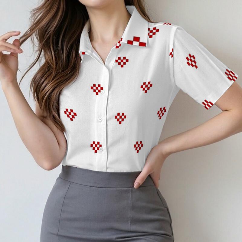 Simple and personalized chrysanthemum print summer women's plus size lapel short sleeved shirt fashionable daily versatile top