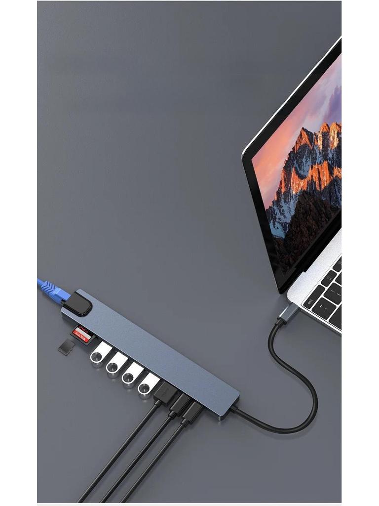 Многофункциональный адаптер 10-в-1 USB-C - HDTV с Ethernet 100M и USB-концентратором для мобильных устройств, ПК, игровых приставок